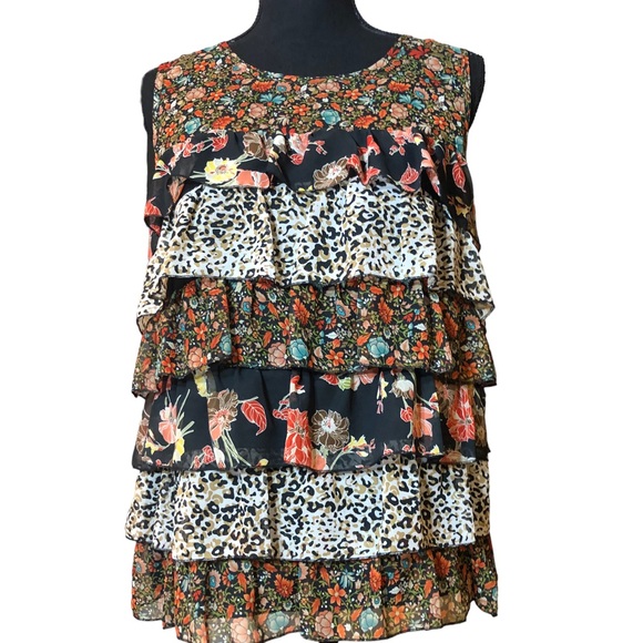 Tiered Mixed Print Ruffled Chiffon Sleeveless Top LUXE by NYC Design Co M - Picture 11 of 11